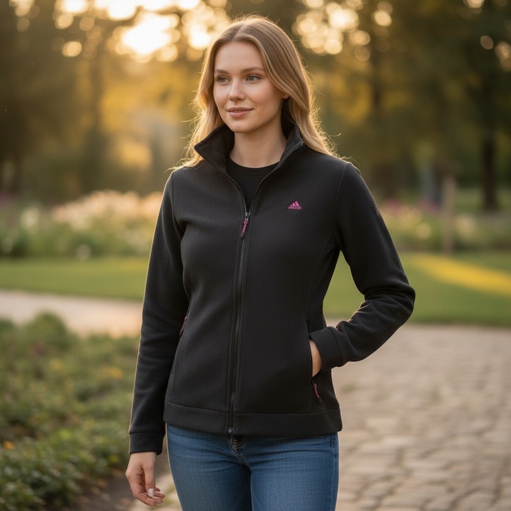 adidas Black Teddy Jacket with Pink Accents